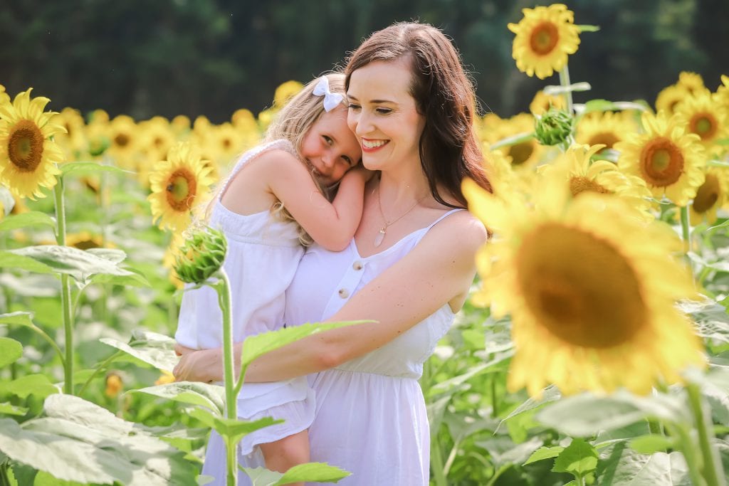 Mother and Daughter in Sunflower Field